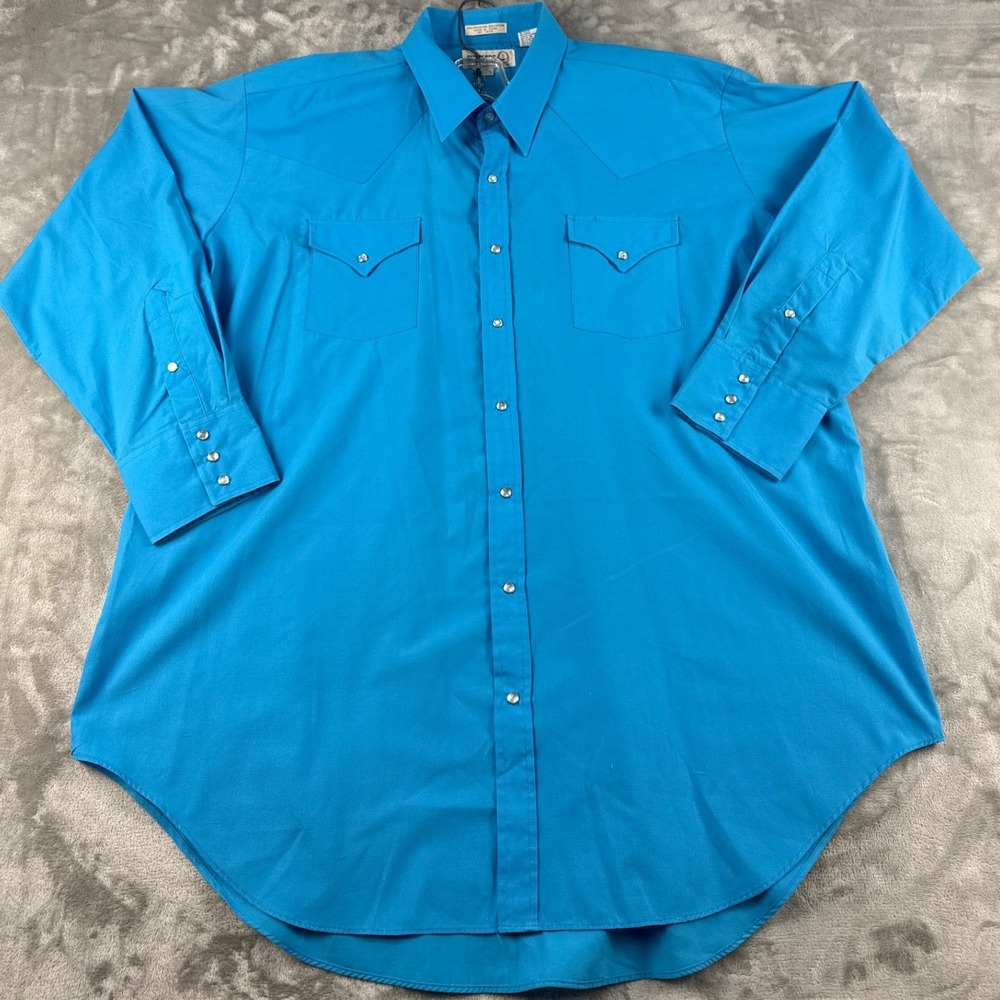 Sheplers Western Shirt Mens 19-35 Tall Pearl Snap Blue Solid Long Sleeve EUC